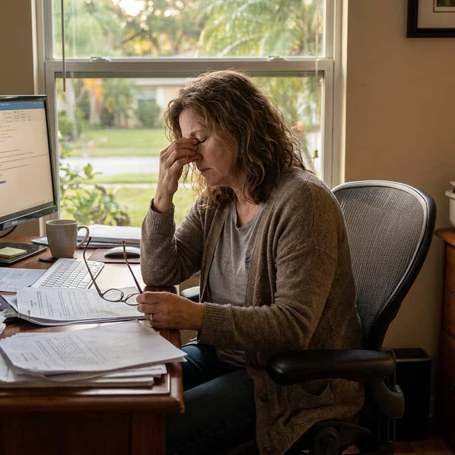 Woman with head in hand feeling stressed at work from home.