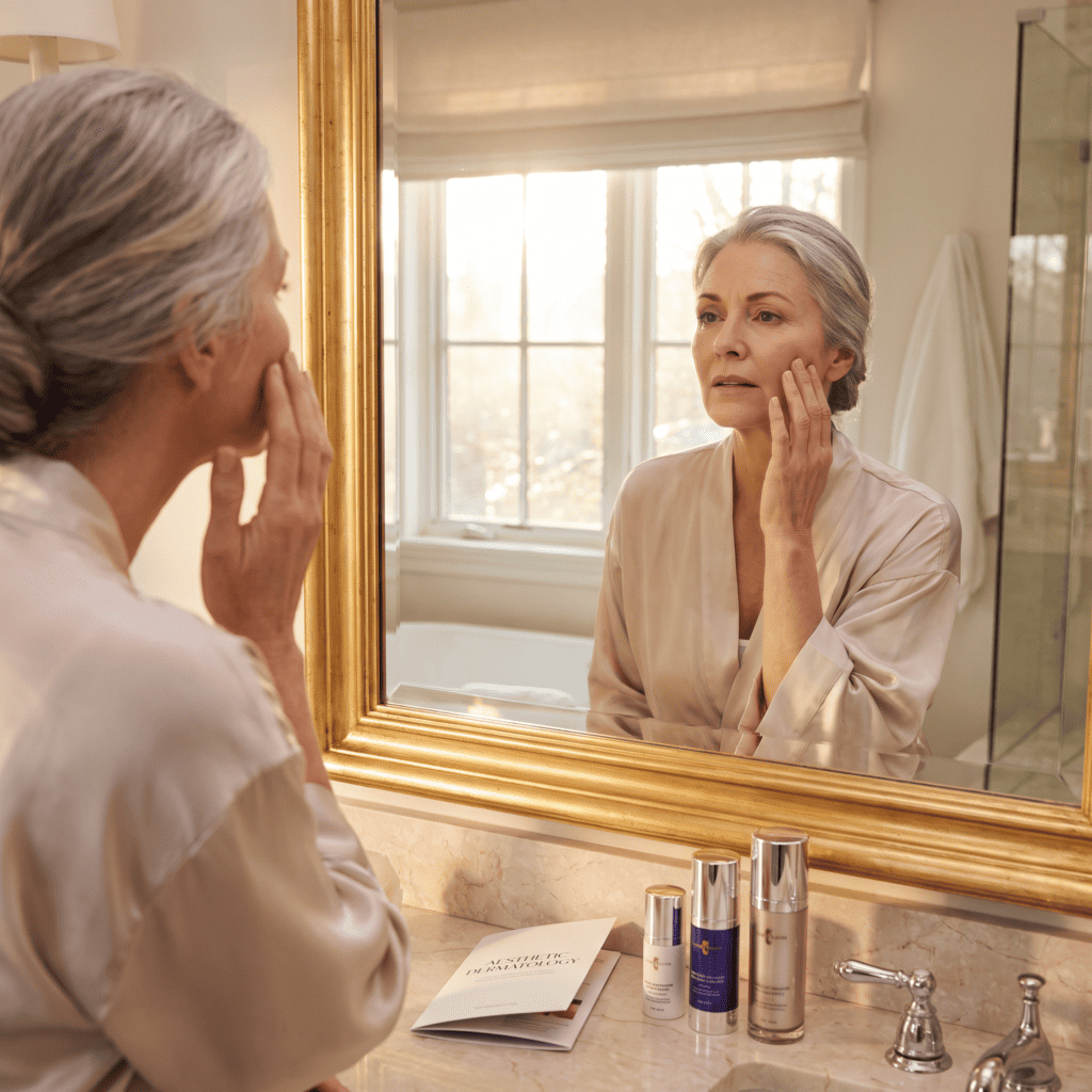 Elderly woman examining her face in mirror during skincare consultation.