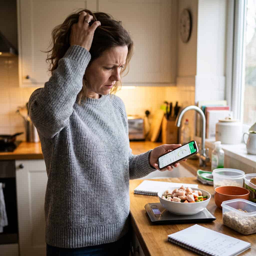 Woman looking confused while using her smartphone in the kitchen.