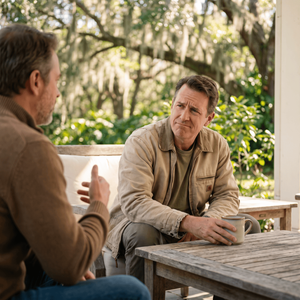 Two men having a discussion outdoors about hormone therapy options.