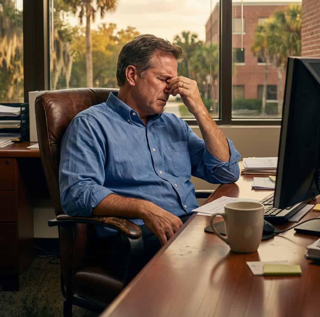 Man with headache at office desk, holding forehead, feeling discomfort.