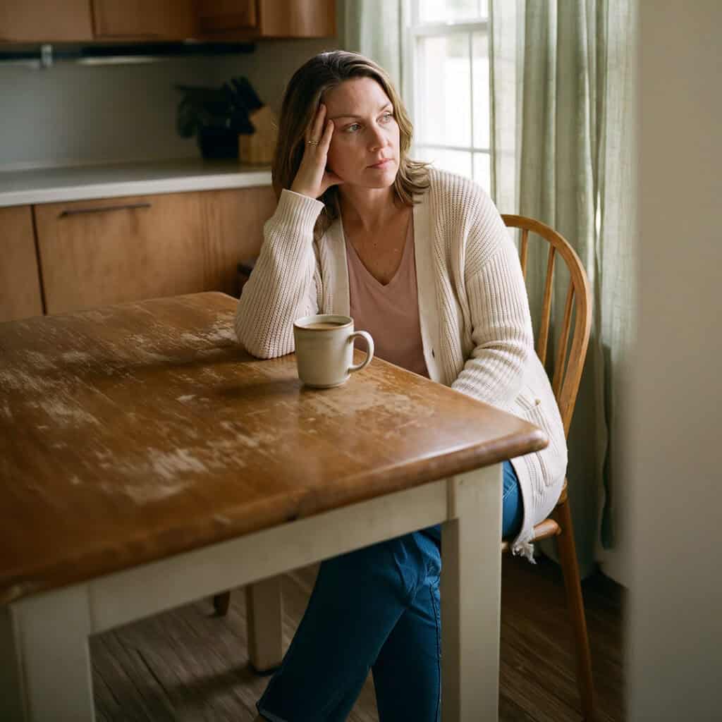 Woman with headache sitting at kitchen table, holding her head.