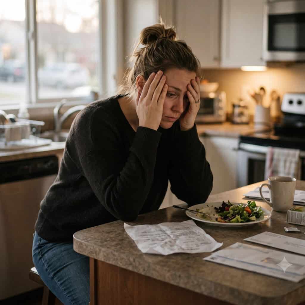 Woman holding her head in pain at kitchen counter with salad and papers.